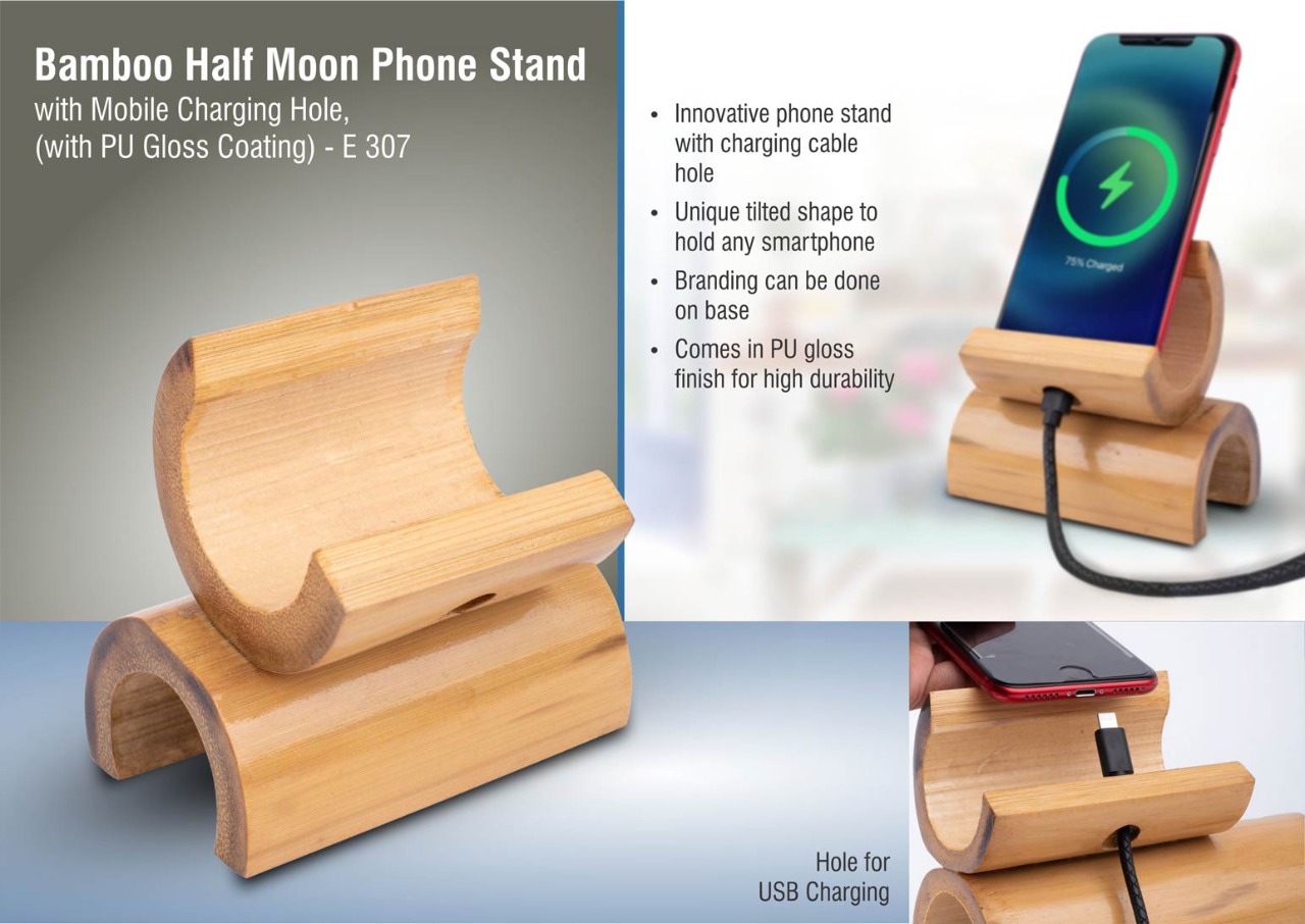 Bamboo Half moon phone stand with mobile Charging hole, (with PU Gloss coating) E-307