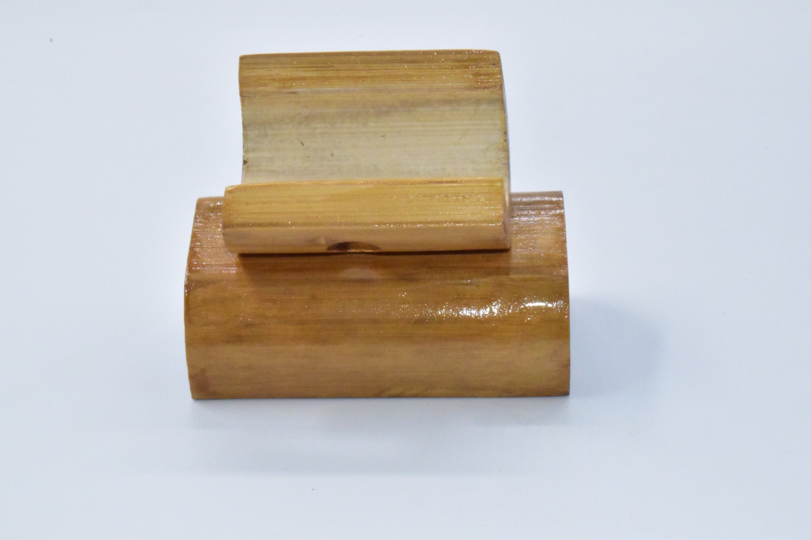 Bamboo Half moon phone stand with mobile Charging hole, (with PU Gloss coating) E-307 - Image 3