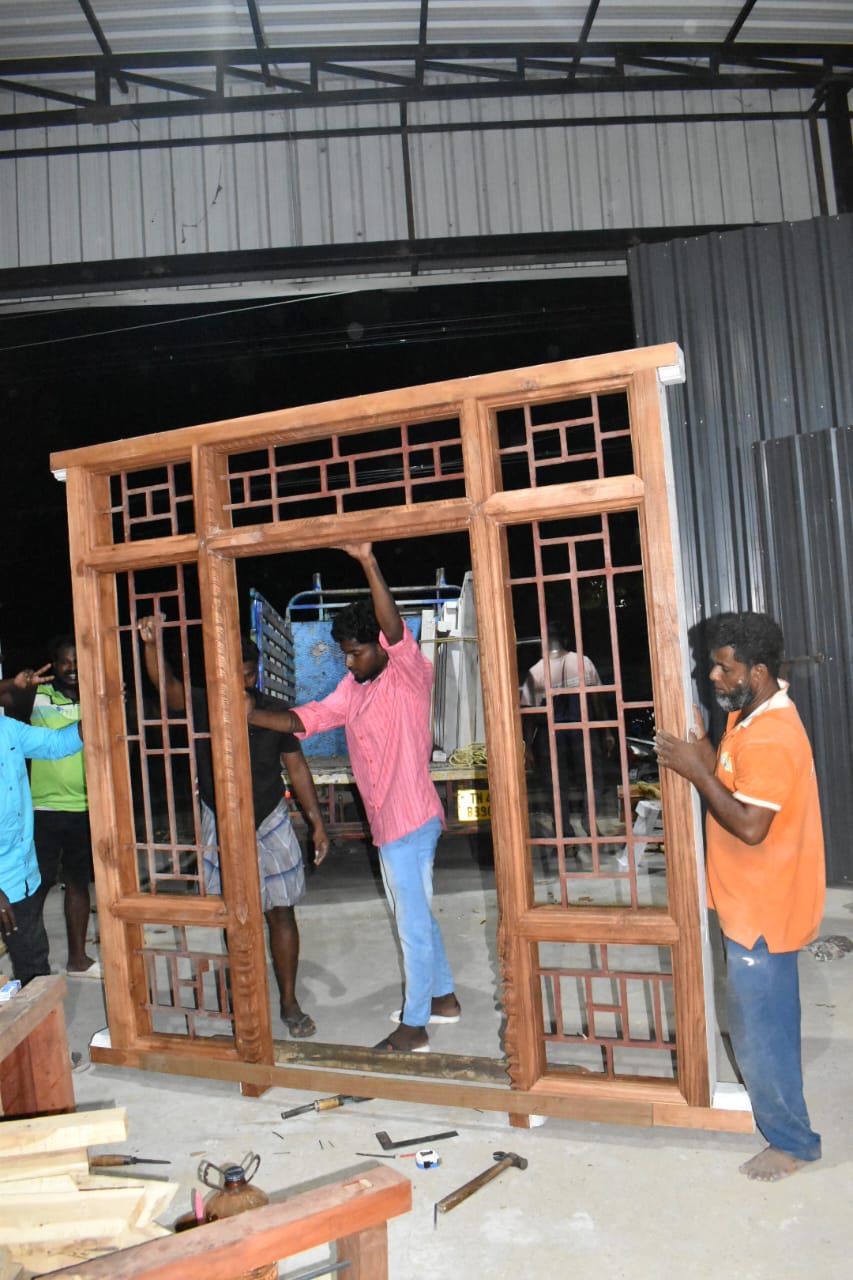 Handcrafted Teak Wood Main Door Frame with Grill – 7.75ft x 7ft - Image 4