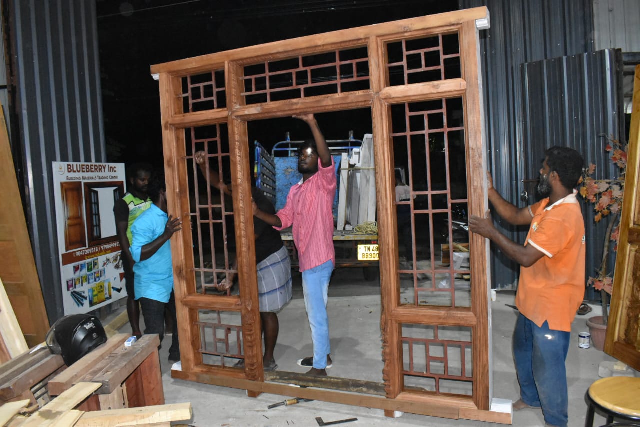 Handcrafted Teak Wood Main Door Frame with Grill – 7.75ft x 7ft - Image 3