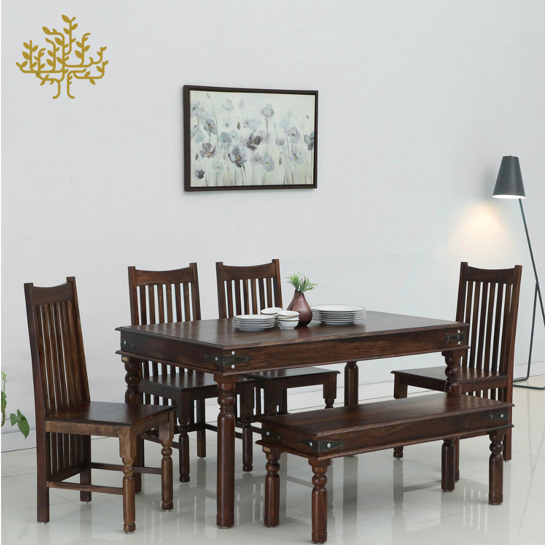 Lumber Park™ Teak Wood 6 Seater Dining Set In Provincial Teak Finish With Bench