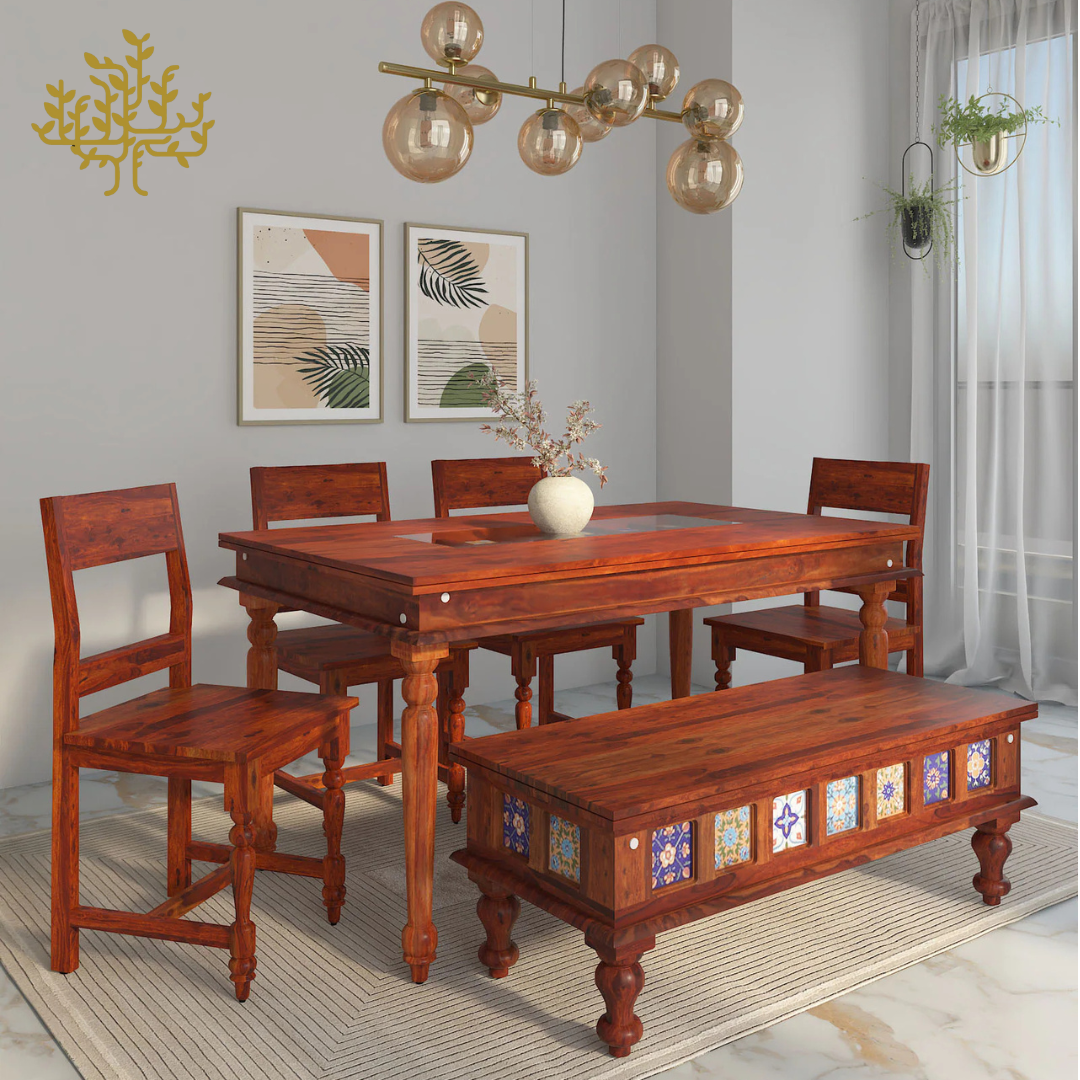 Lumber Park™ Teak Wood 6 Seater Dining Set In Honey Oak Finish With Bench