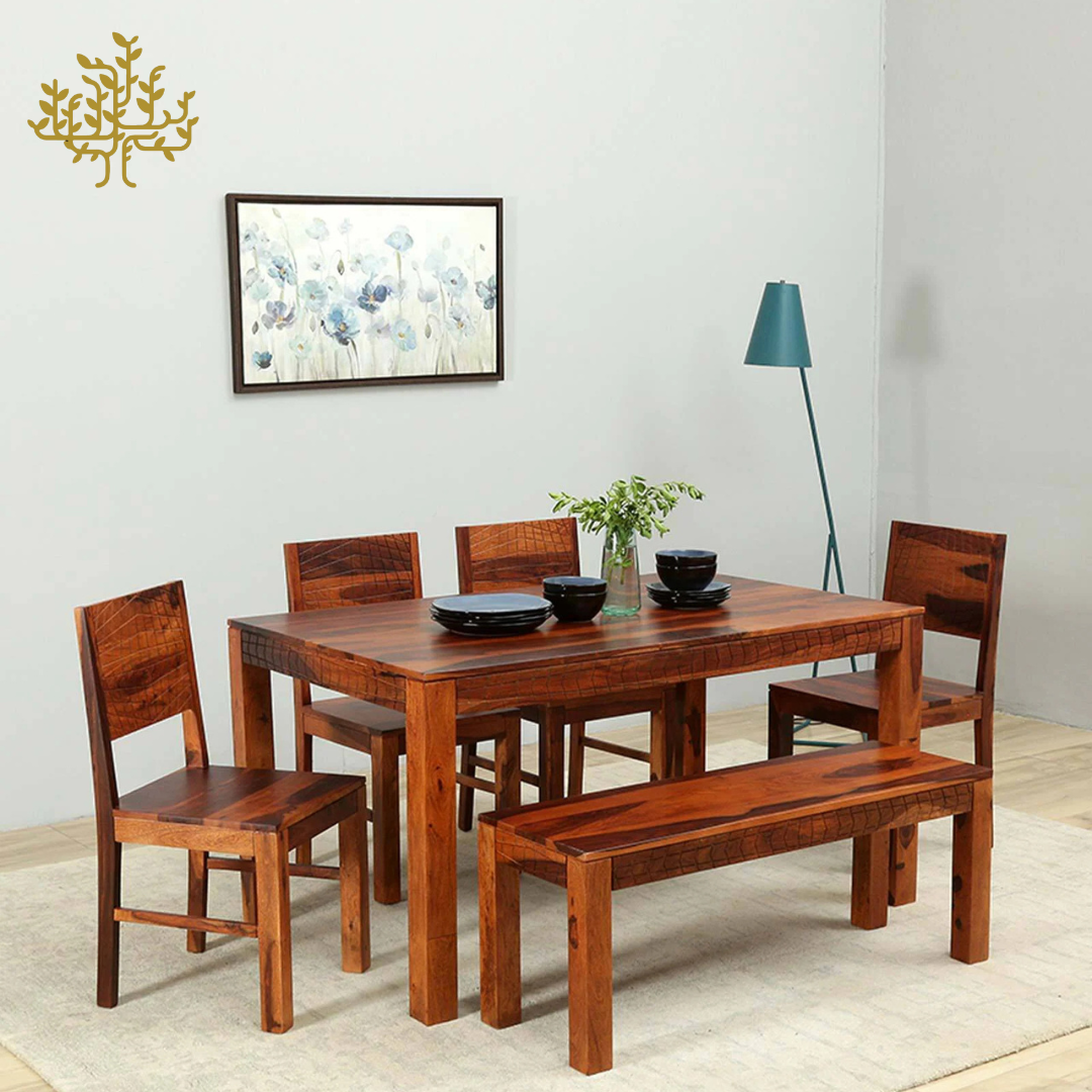 Lumber Park™ Teak Wood 6 Seater Dining Set In Scratch Resistant Honey Oak Finish With Bench