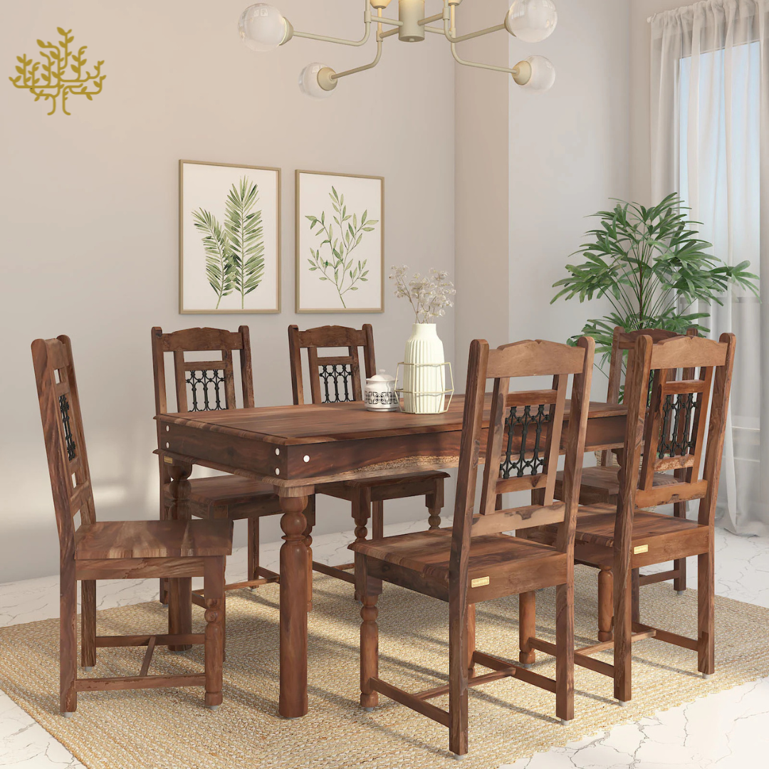 Lumber Park™ Teak Wood 6 Seater Dining Set In Rustic Teak Finish