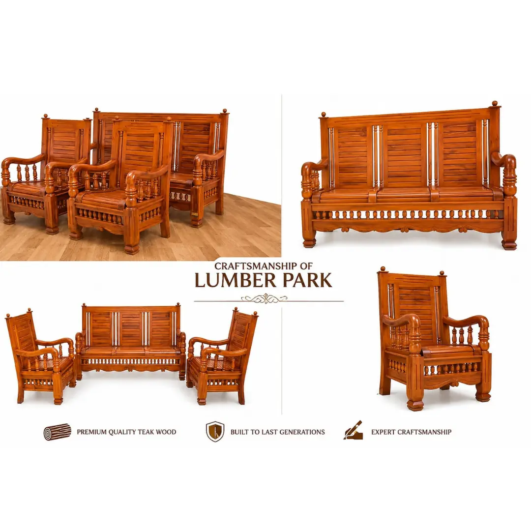 Lumber Park Premium Teak Wood 5-Seater Sofa Set (3+1+1) - Image 2