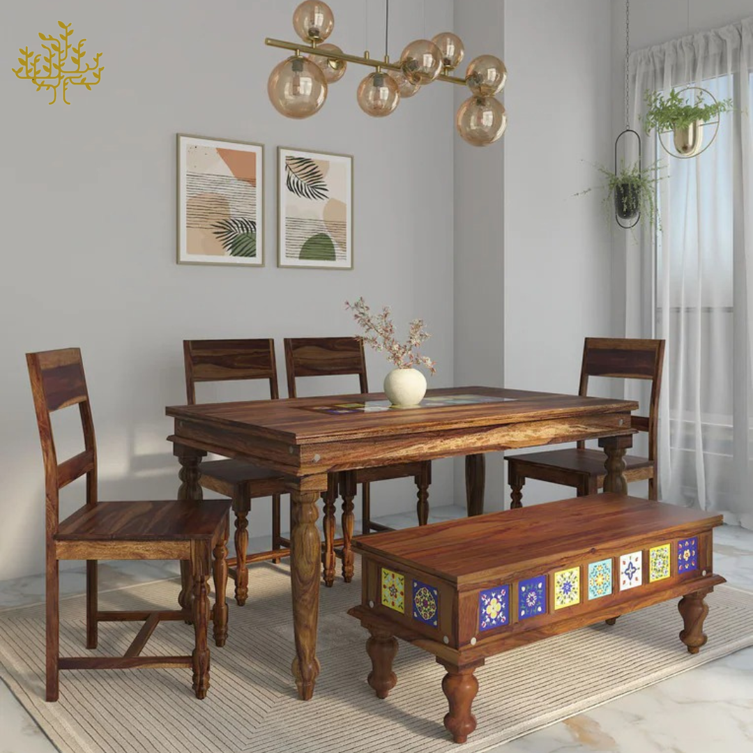 Lumber Park™ Teak Wood 6 Seater Dining Set In Rustic Teak Finish With Bench
