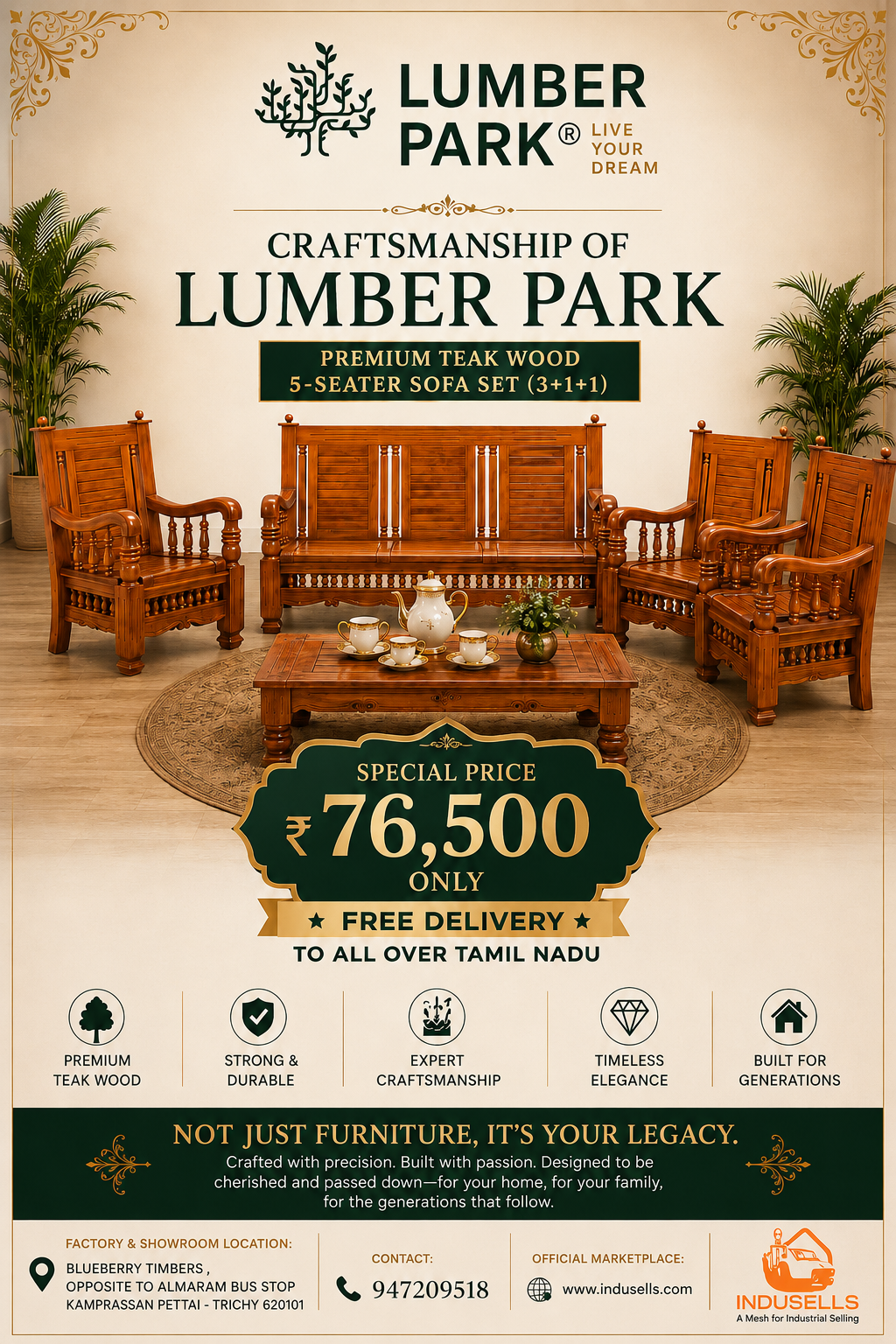 Lumber Park Premium Teak Wood 5-Seater Sofa Set (3+1+1)