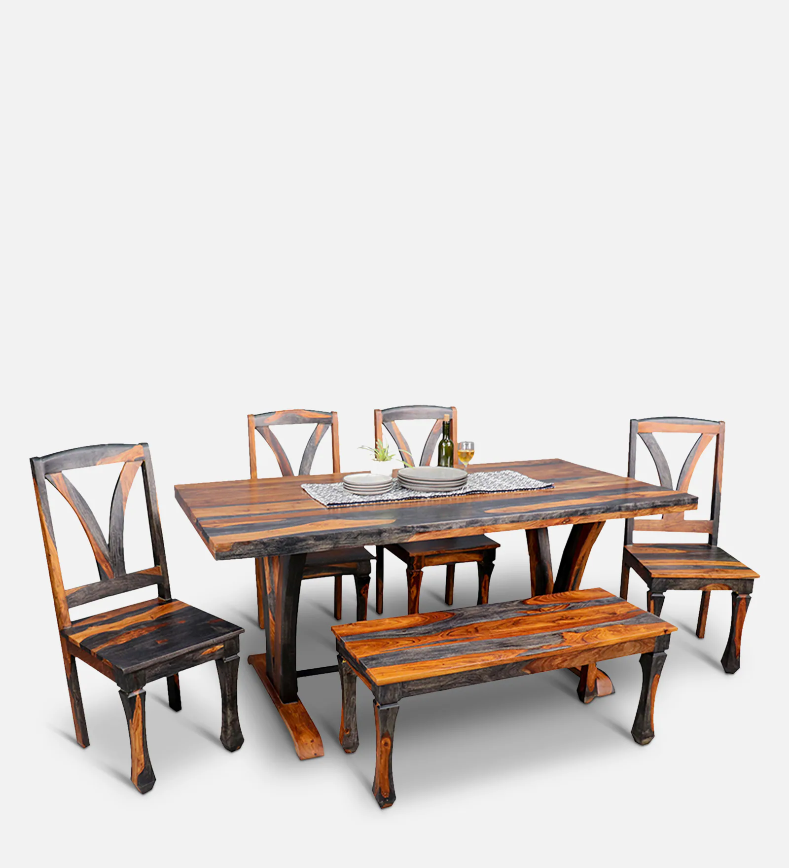 Lumber Park™ Teak Wood 6 Seater Dining Set In Vintage Black & Teak Finish with Bench - Image 7