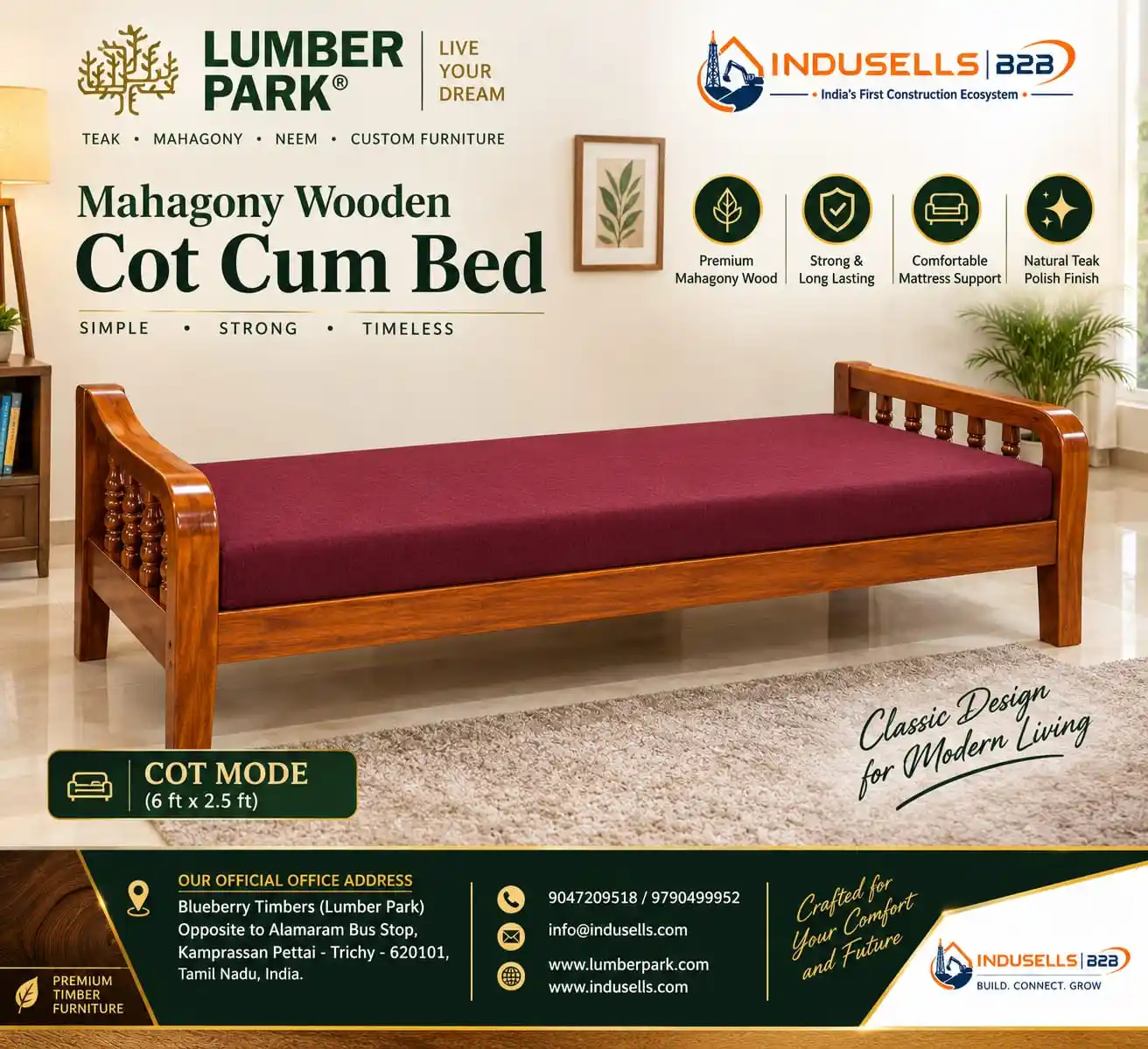 Mahagony & Teak Wooden Cot Cum Sofa