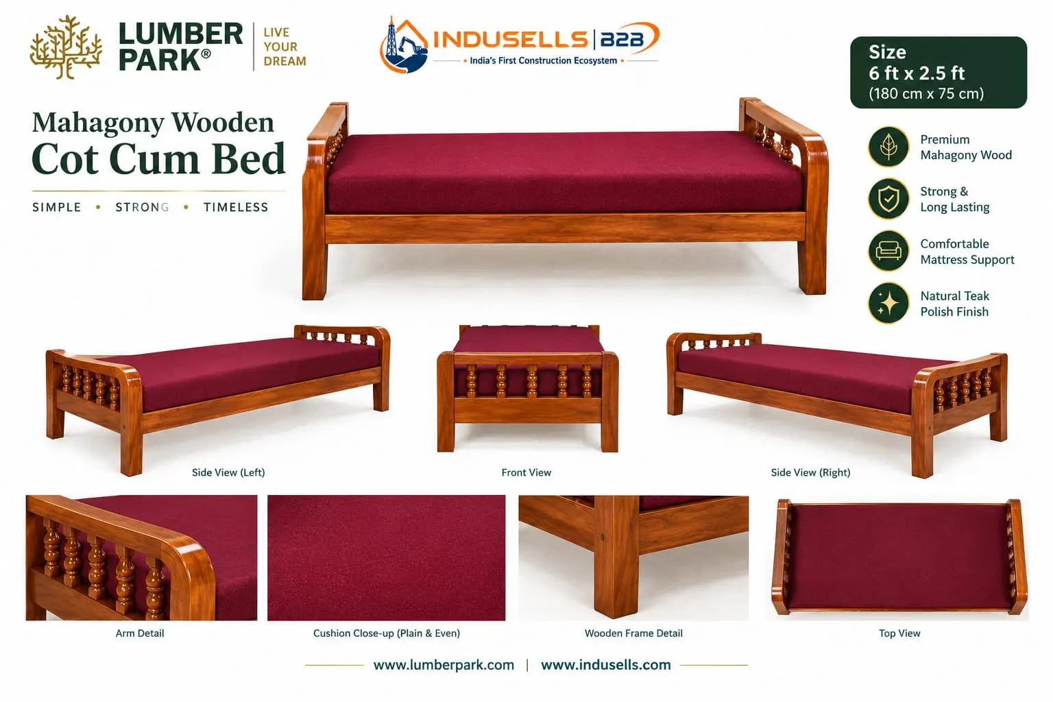 Mahagony & Teak Wooden Cot Cum Sofa - Image 2