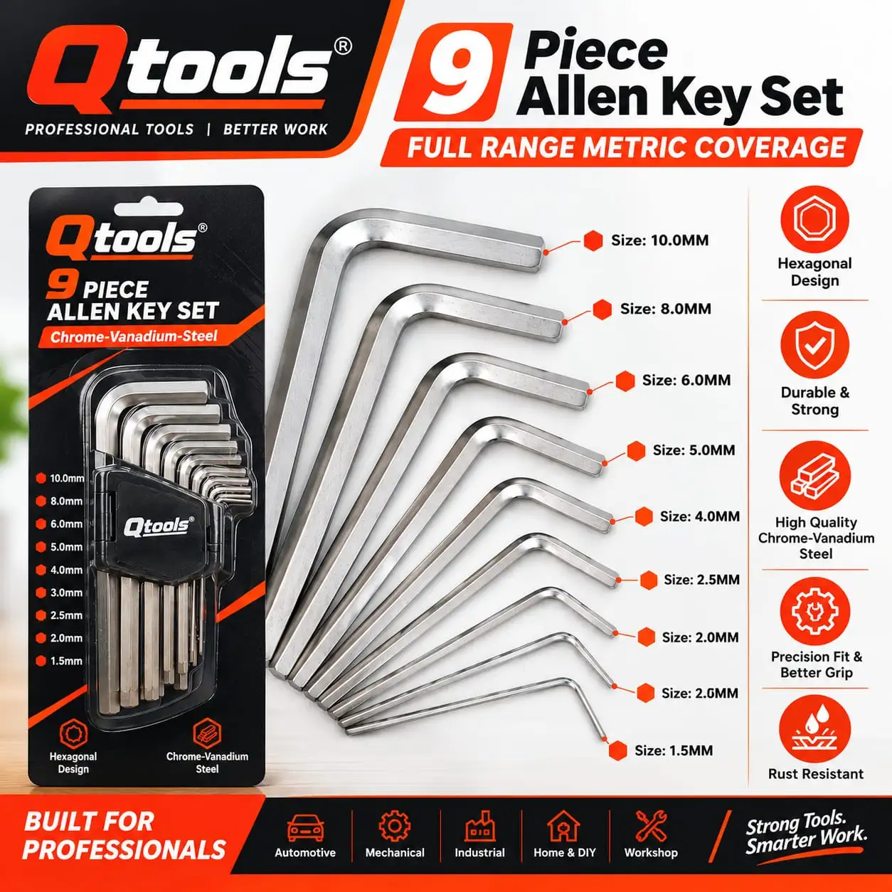 QTOOLS CRV - 9-Piece CR-V Steel Long Arm Ball-End Hex Allen Key Wrench Set (1.5–10 mm) Allen Key Set